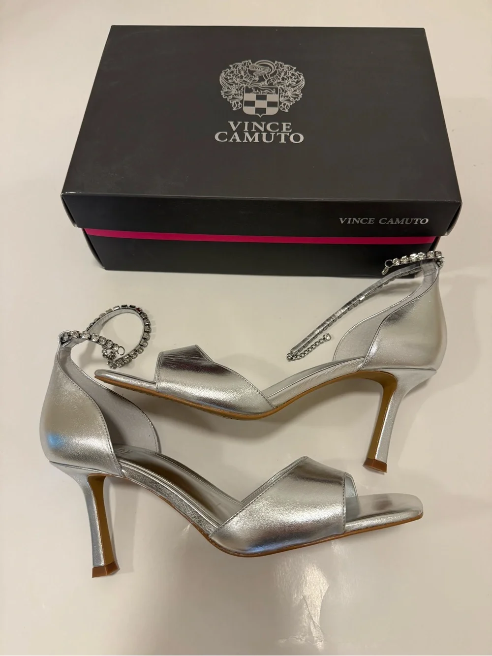 Vince Camuto Evensa Silver Rhinestone Ankle-Strap Heels